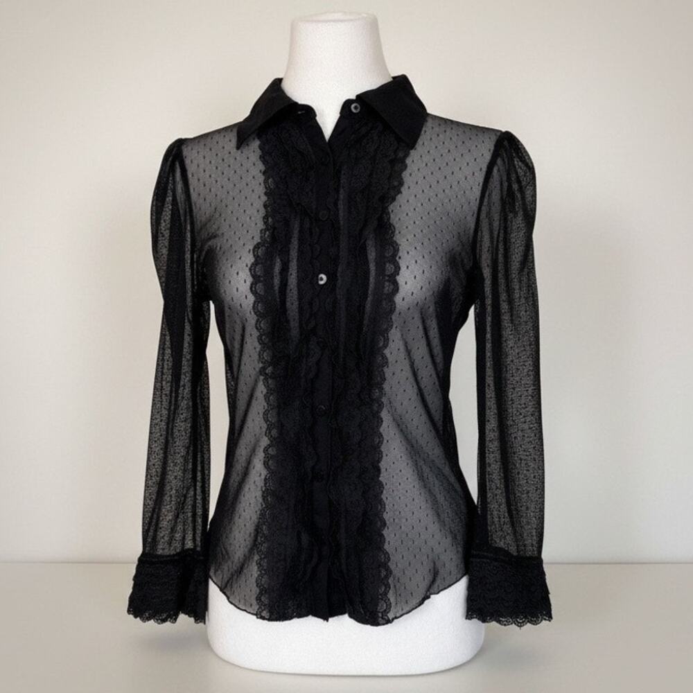 Vintage Y2K Guess Jeans Black Mesh Button Down Top Whimsigoth Goth Medium EUC